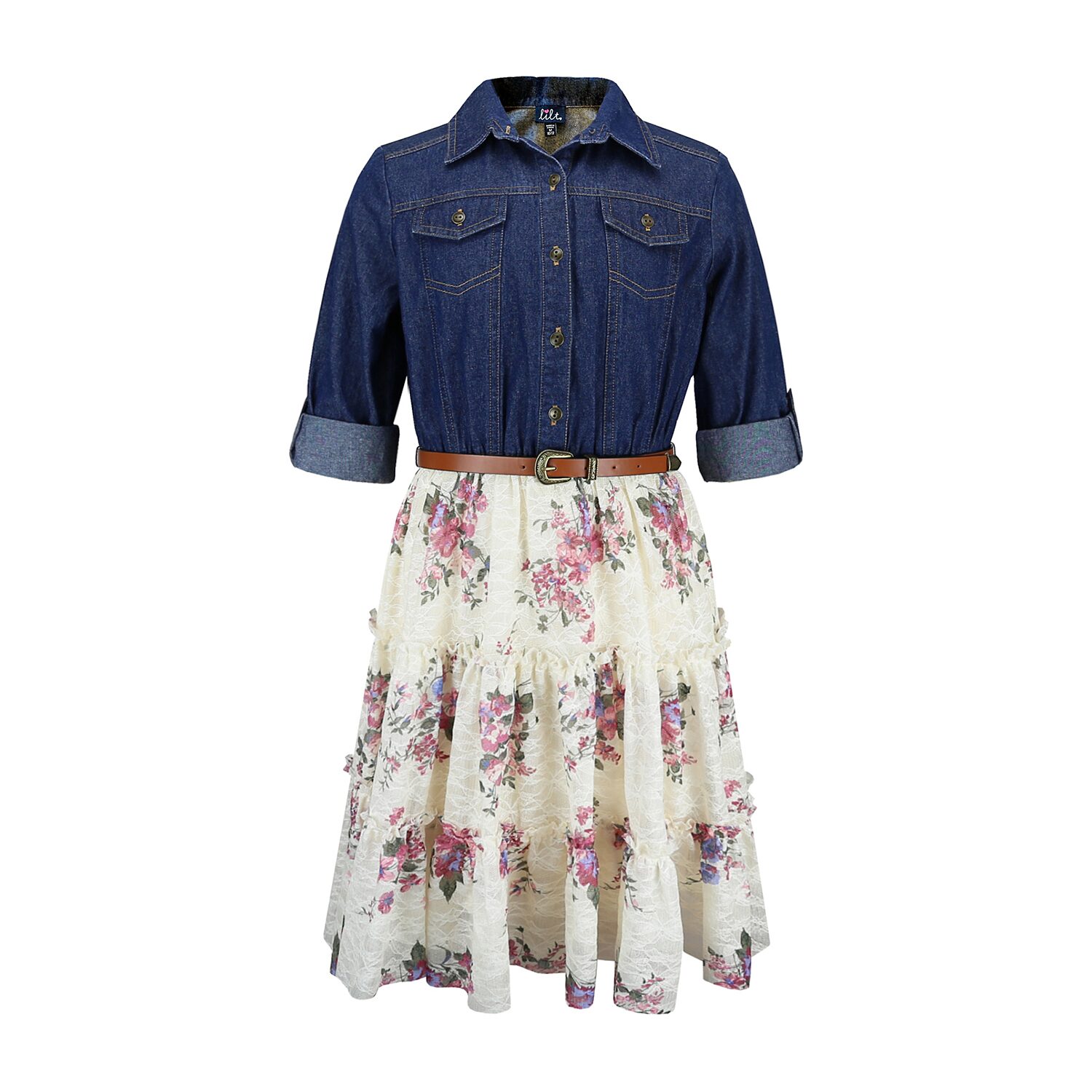 Lilt Girls Belted 3/4 Sleeve Roll Tab Floral Shirt Dress
