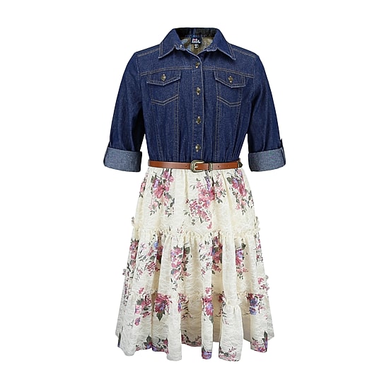 Lilt Girls Belted Roll Tab 3/4 Sleeve Floral Shirt Dress