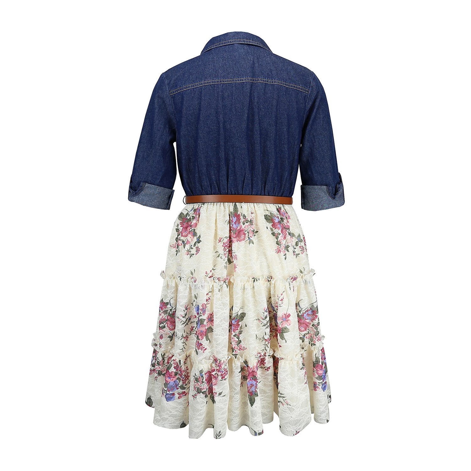 Lilt Girls Belted 3/4 Sleeve Roll Tab Floral Shirt Dress