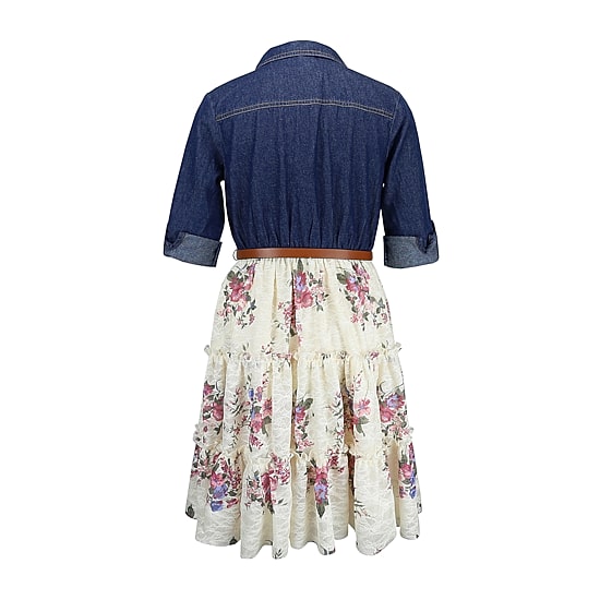 Lilt Girls Belted Roll Tab 3/4 Sleeve Floral Shirt Dress