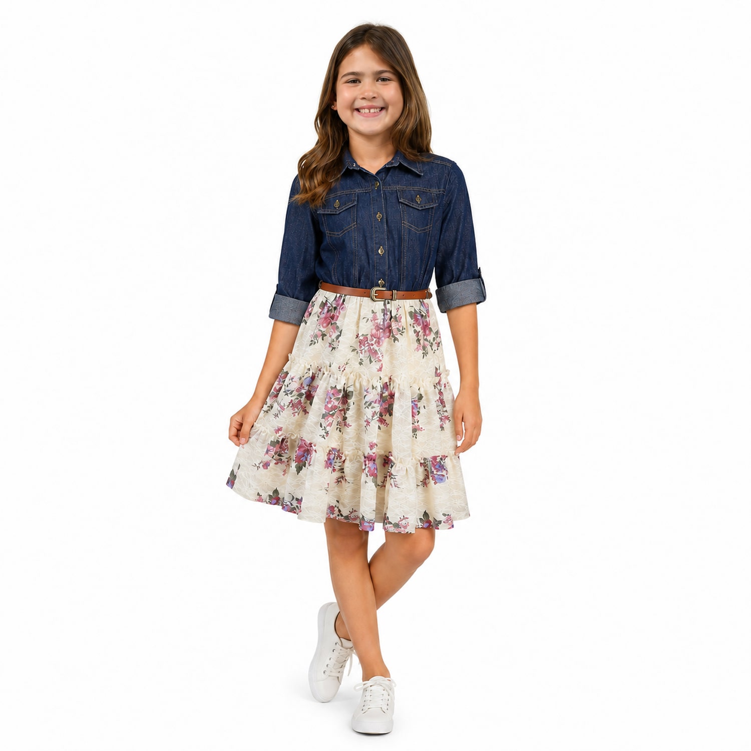 Lilt Girls Belted 3/4 Sleeve Roll Tab Floral Shirt Dress