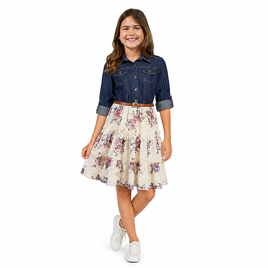 Lilt Girls Belted Roll Tab 3/4 Sleeve Floral Shirt Dress