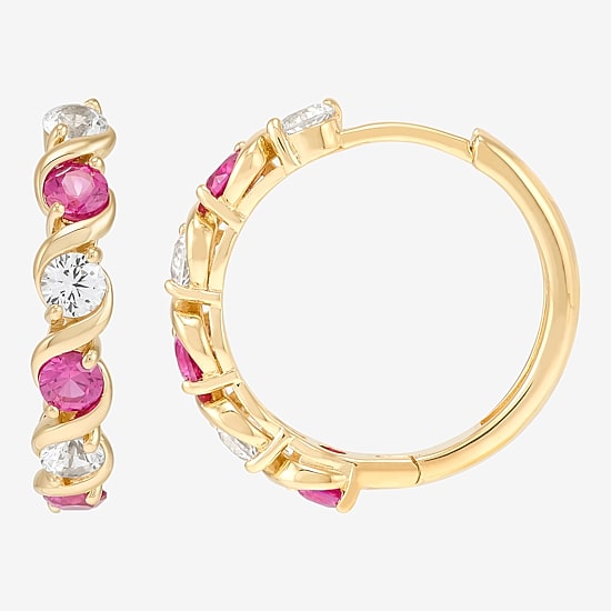 Womens Lab Created Red Ruby 14K Gold Over Silver 18.3mm Hoop Earrings