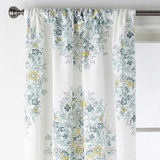 Home Expressions Pippa Aqua Floral Rod Pocket Light-Filtering Set of 2 Curtain Panel