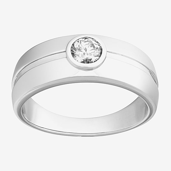Mens 8MM 1/2 CT. Lab Created White Moissanite Sterling Silver Round Wedding Band