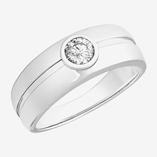 Mens 8MM 1/2 CT. Lab Created White Moissanite Sterling Silver Round Wedding Band