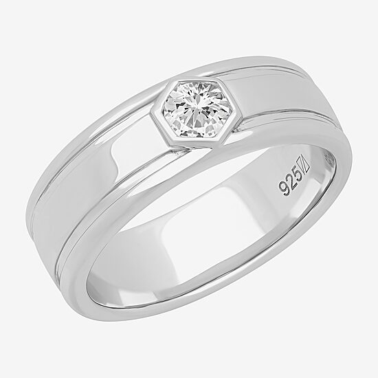 Mens 8MM 1/2 CT. Lab Created White Moissanite Sterling Silver Round Wedding Band