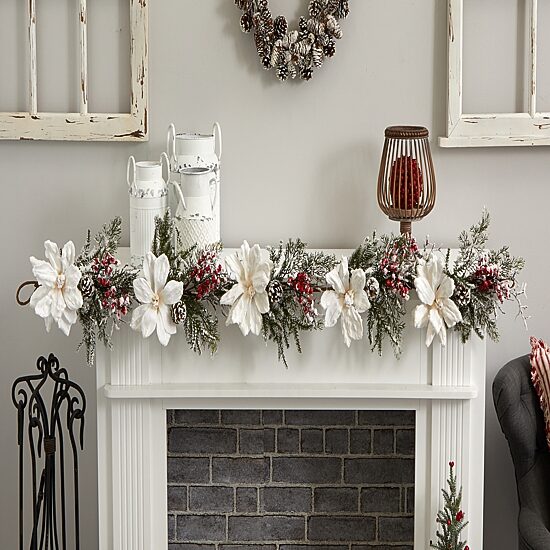 Nearly Natural 60” Frosted Magnolia & Berry Artificial Garland Flocked Christmas Indoor Garland