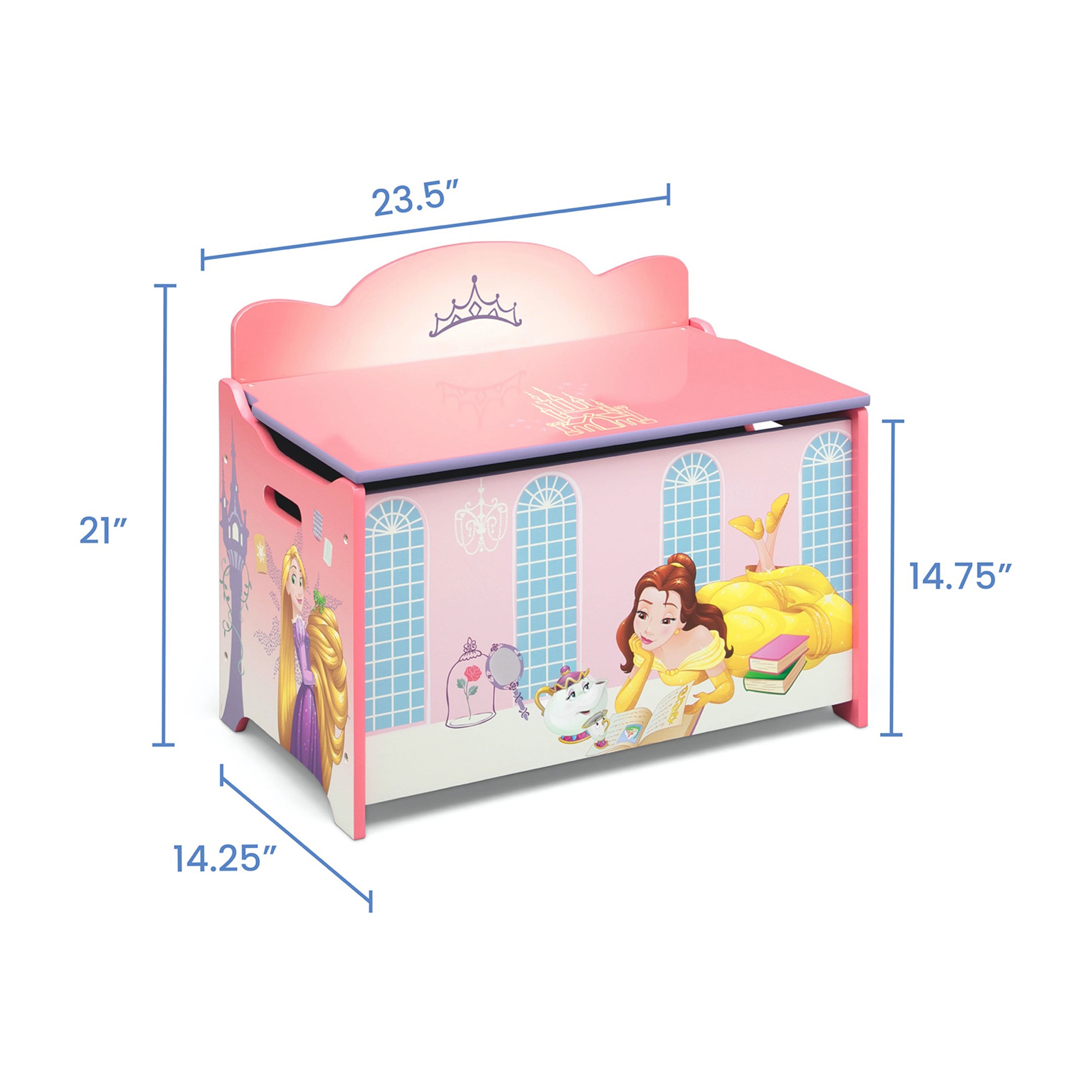 Dimension diagram of the princess wooden toy box.
