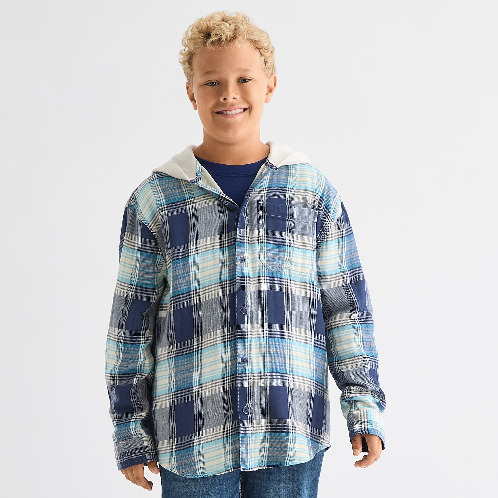 Thereabouts Little & Big Kid Boys Hooded Long Sleeve Cuffed Regular Fit Button-Down Shirt