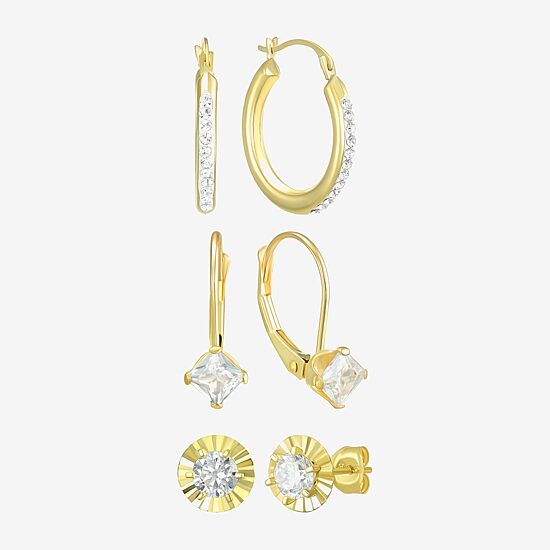 Womens Cubic Zirconia 10K Gold Round 3 Pair Earring Set