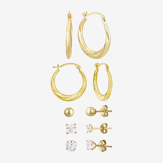 Womens Cubic Zirconia 10K Gold Round Square 5 Pair Earring Set