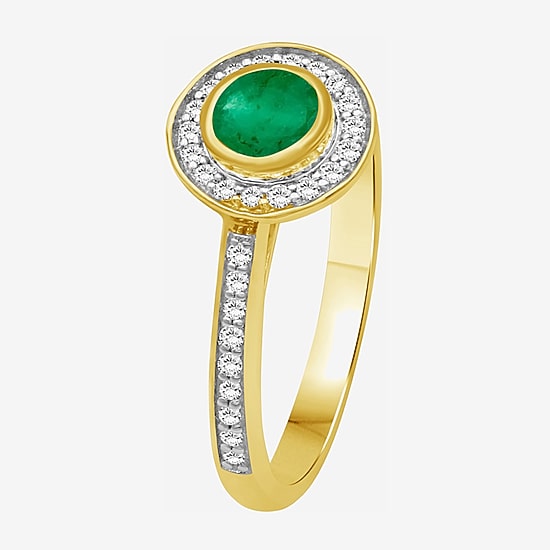 (I-J / I2-I3) Womens 1/5 CT. Genuine Green Emerald 10K Gold Round Side Stone Cocktail Ring