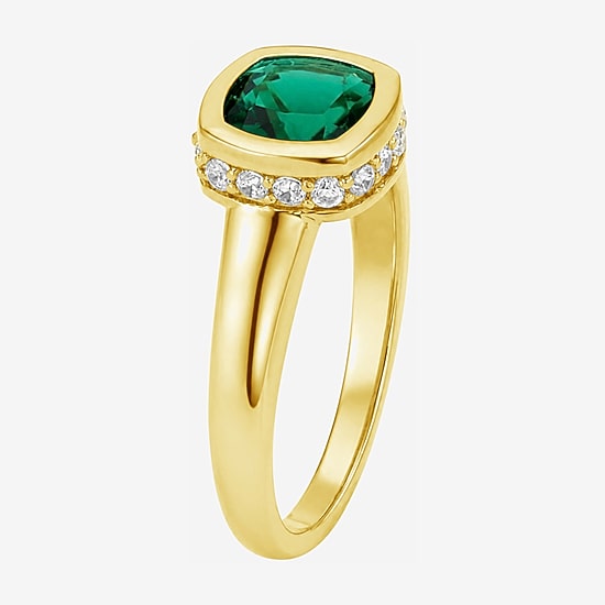 Womens Simulated Green Emerald 14K Gold Over Silver Cushion Side Stone Cocktail Ring