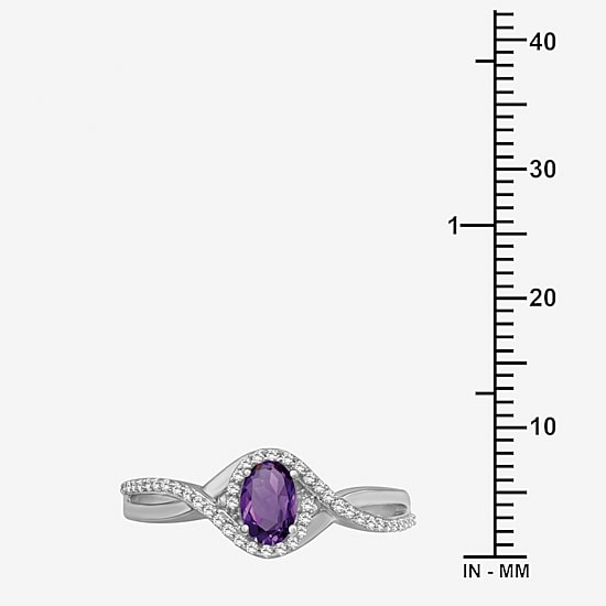 (I-J / I2-I3) Womens 1/10 CT. T.W. Genuine Purple Amethyst 10K Gold Oval Halo Side Stone Cocktail Ring