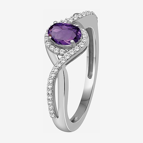 (I-J / I2-I3) Womens 1/10 CT. T.W. Genuine Purple Amethyst 10K Gold Oval Halo Side Stone Cocktail Ring
