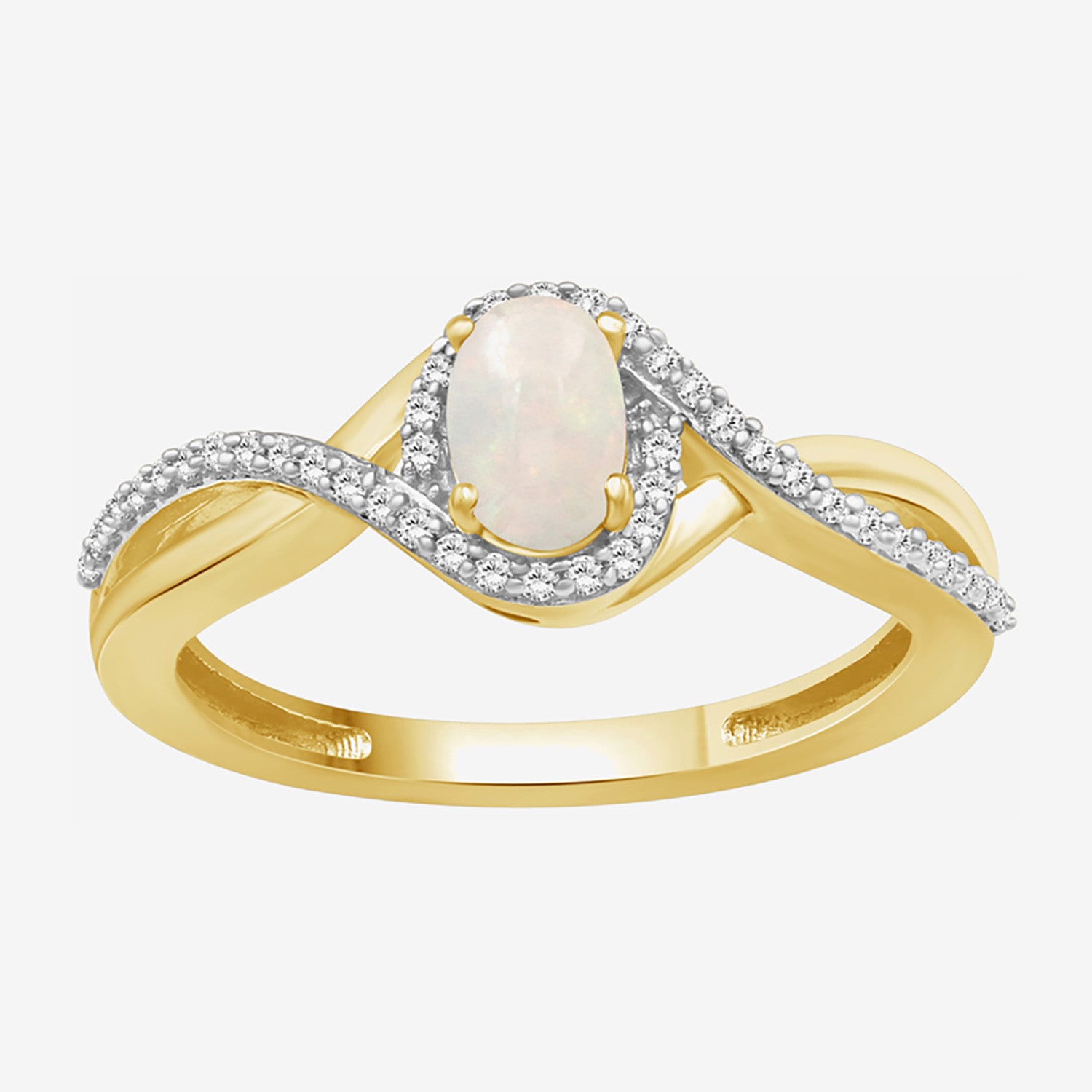 (I-J / I2-I3) Womens 1/10 CT. T.W. Dyed White Opal 10K Gold Oval Halo Side Stone Cocktail Ring