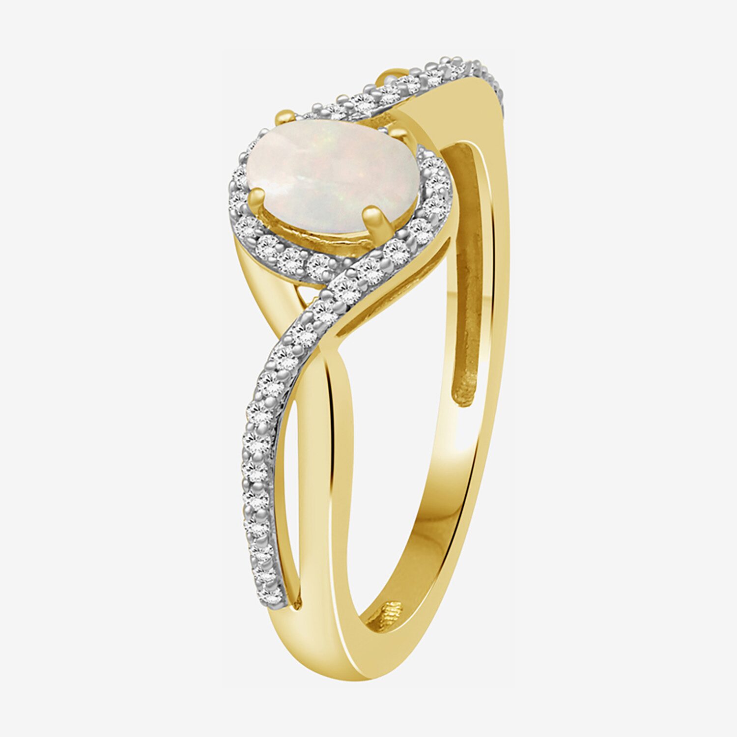 (I-J / I2-I3) Womens 1/10 CT. T.W. Dyed White Opal 10K Gold Oval Halo Side Stone Cocktail Ring