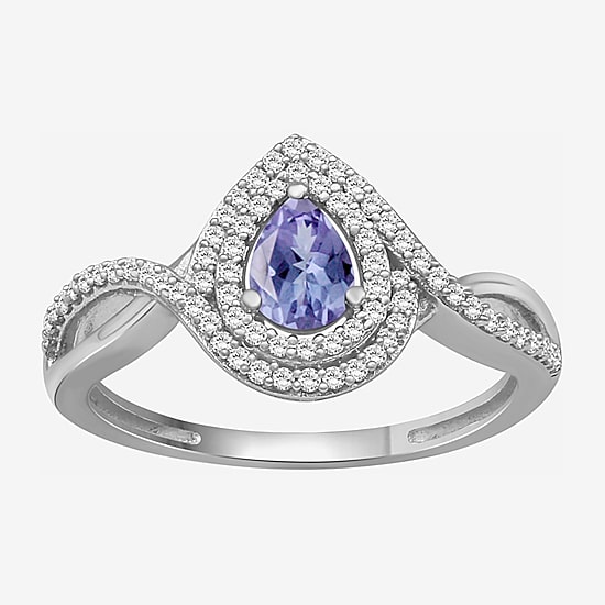 (I-J / I2-I3) Womens 1/4 CT. T.W. Genuine Blue Tanzanite 10K Gold Pear Halo Side Stone Cocktail Ring