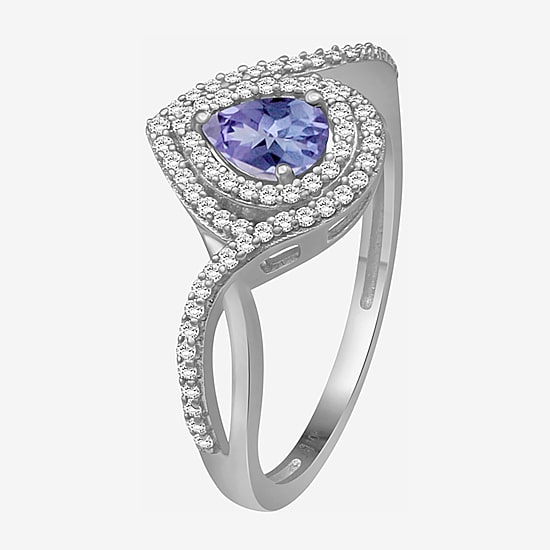 (I-J / I2-I3) Womens 1/4 CT. T.W. Genuine Blue Tanzanite 10K Gold Pear Halo Side Stone Cocktail Ring
