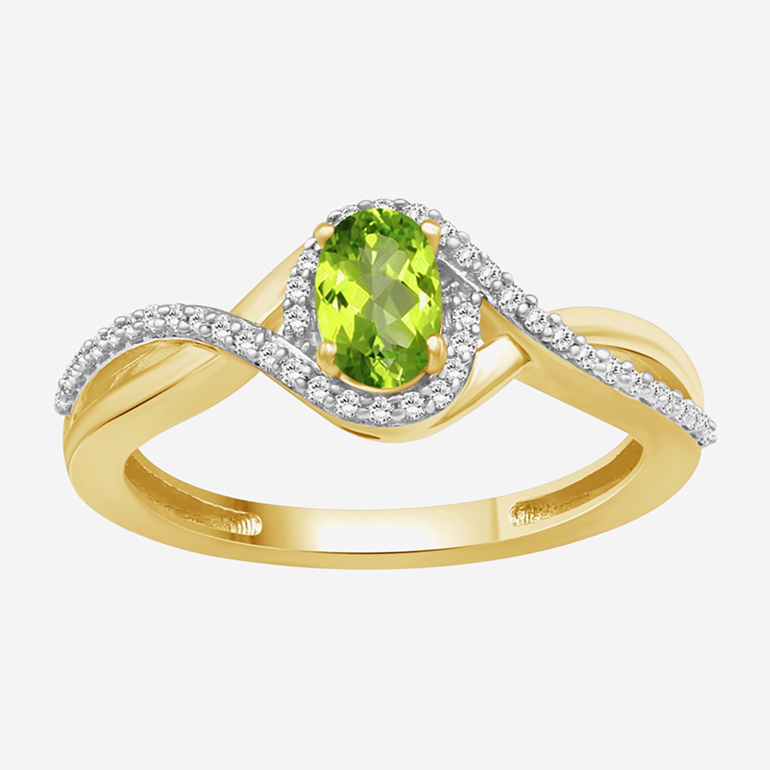 (I-J / I2-I3) Womens 1/10 CT. T.W. Genuine Green Peridot 10K Gold Oval Halo Side Stone Cocktail Ring