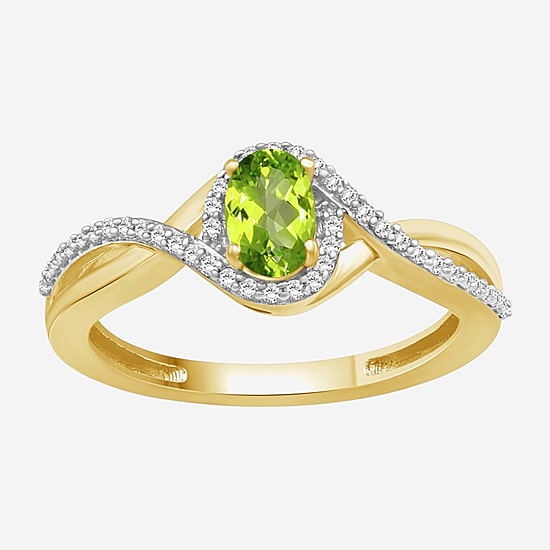 (I-J / I2-I3) Womens 1/10 CT. T.W. Genuine Green Peridot 10K Gold Oval Halo Side Stone Cocktail Ring
