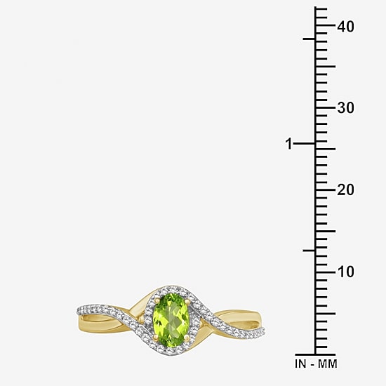 (I-J / I2-I3) Womens 1/10 CT. T.W. Genuine Green Peridot 10K Gold Oval Halo Side Stone Cocktail Ring