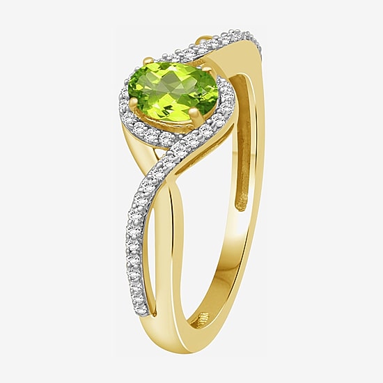 (I-J / I2-I3) Womens 1/10 CT. T.W. Genuine Green Peridot 10K Gold Oval Halo Side Stone Cocktail Ring