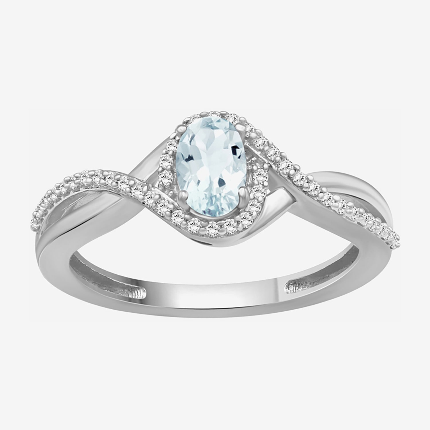 (I-J / I2-I3) Womens 1/10 CT. T.W. Genuine Blue Aquamarine 10K Gold Oval Halo Side Stone Cocktail Ring