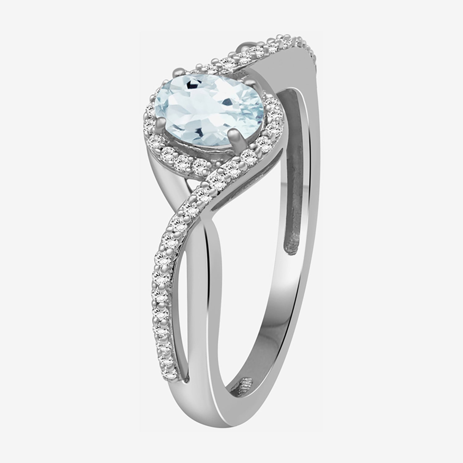 (I-J / I2-I3) Womens 1/10 CT. T.W. Genuine Blue Aquamarine 10K Gold Oval Halo Side Stone Cocktail Ring