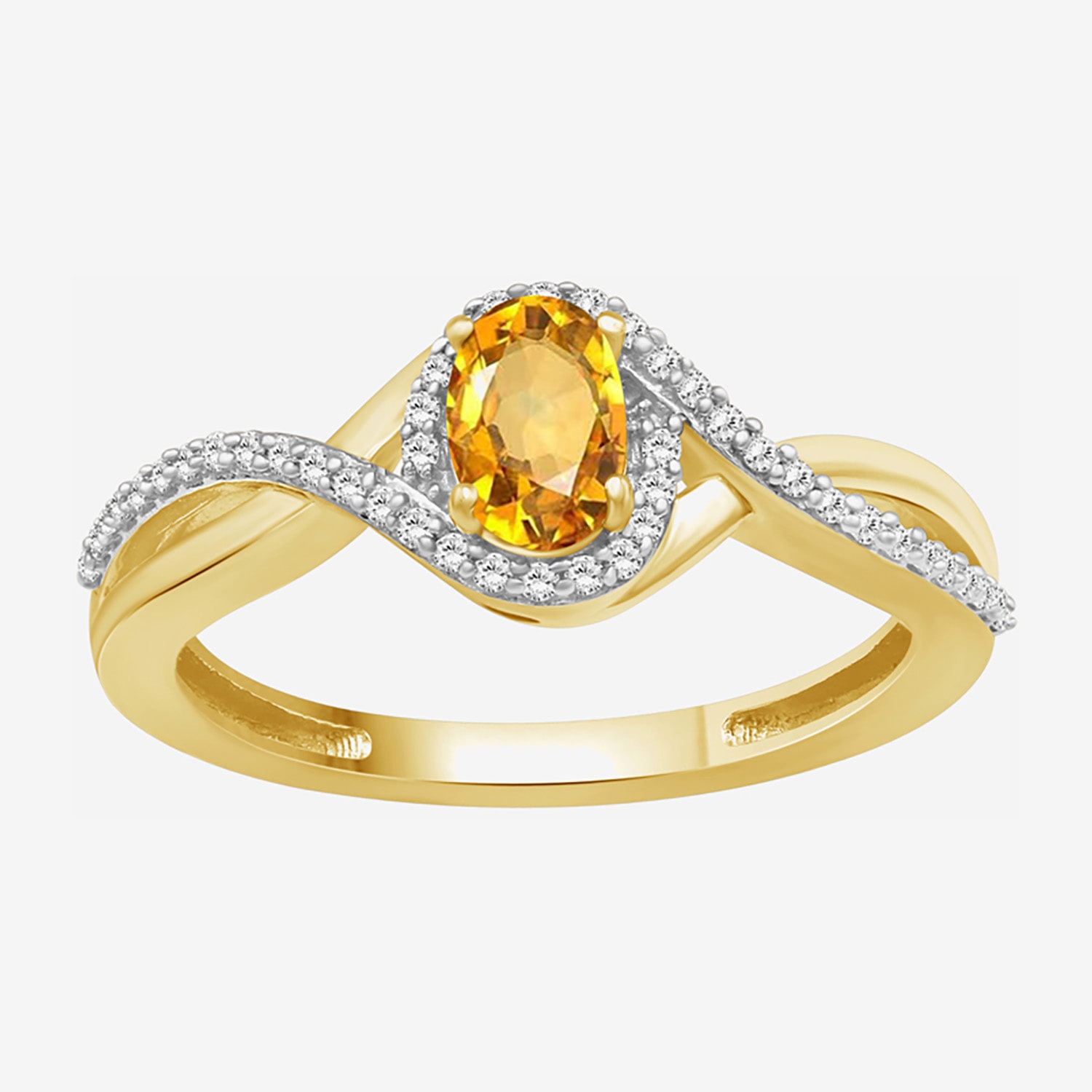 (I-J / I2-I3) Womens 1/10 CT. T.W. Genuine Yellow Citrine 10K Gold Oval Halo Side Stone Cocktail Ring