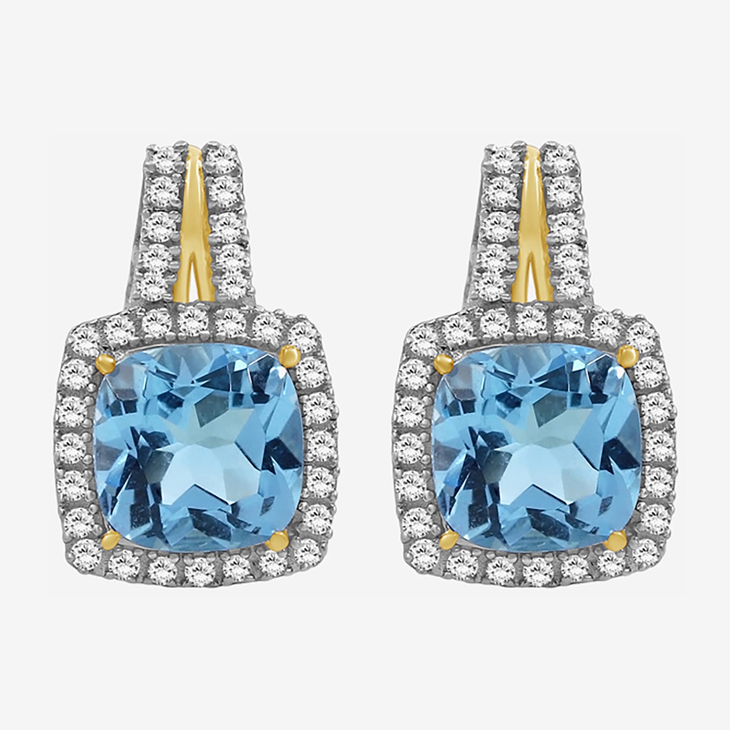 (I-J / I2-I3) Genuine Blue Topaz 10K Two Tone Gold 15.4mm Cushion Stud Earrings