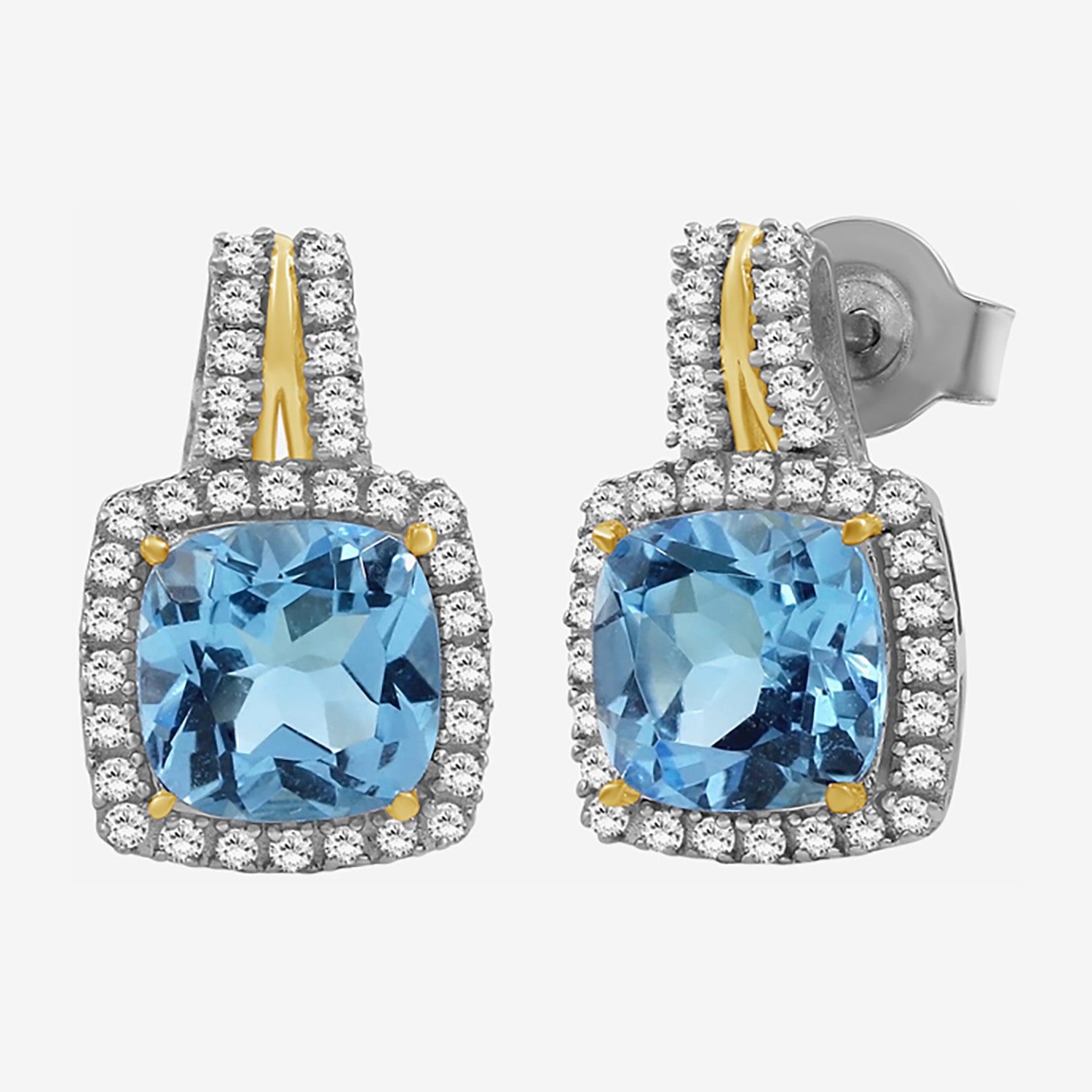(I-J / I2-I3) Genuine Blue Topaz 10K Two Tone Gold 15.4mm Cushion Stud Earrings