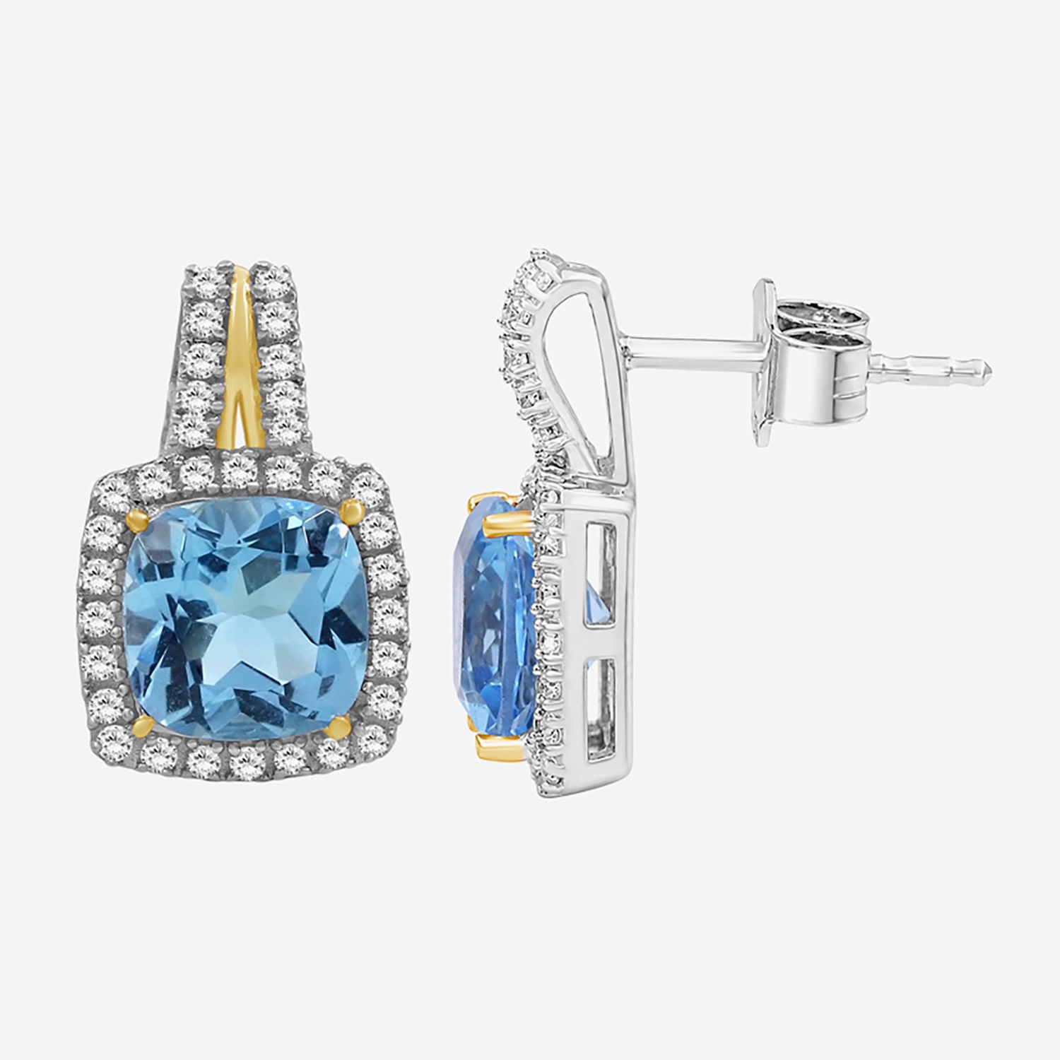 (I-J / I2-I3) Genuine Blue Topaz 10K Two Tone Gold 15.4mm Cushion Stud Earrings