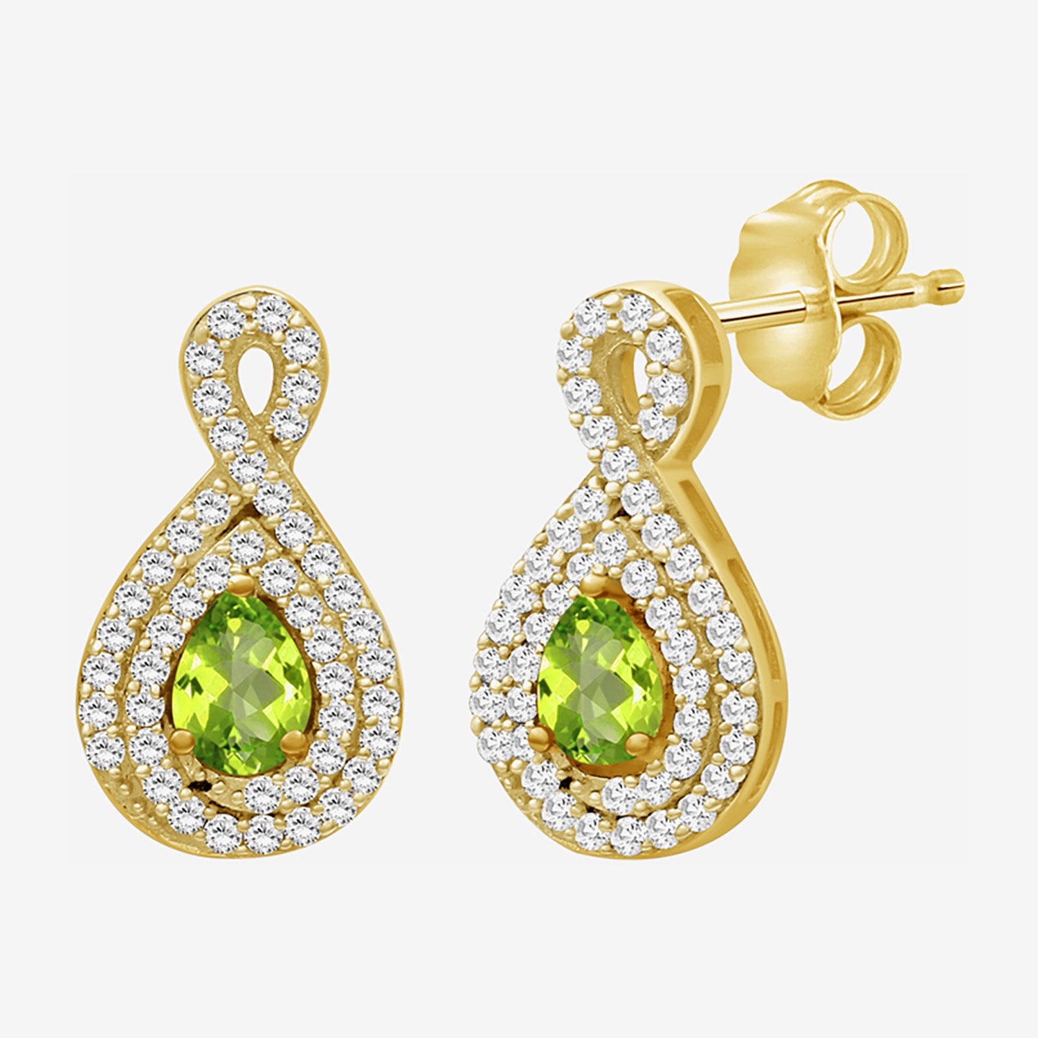 (I-J / I2-I3) 1/4 CT. T.W. Genuine Green Peridot 10K Gold 14mm Pear Stud Earrings