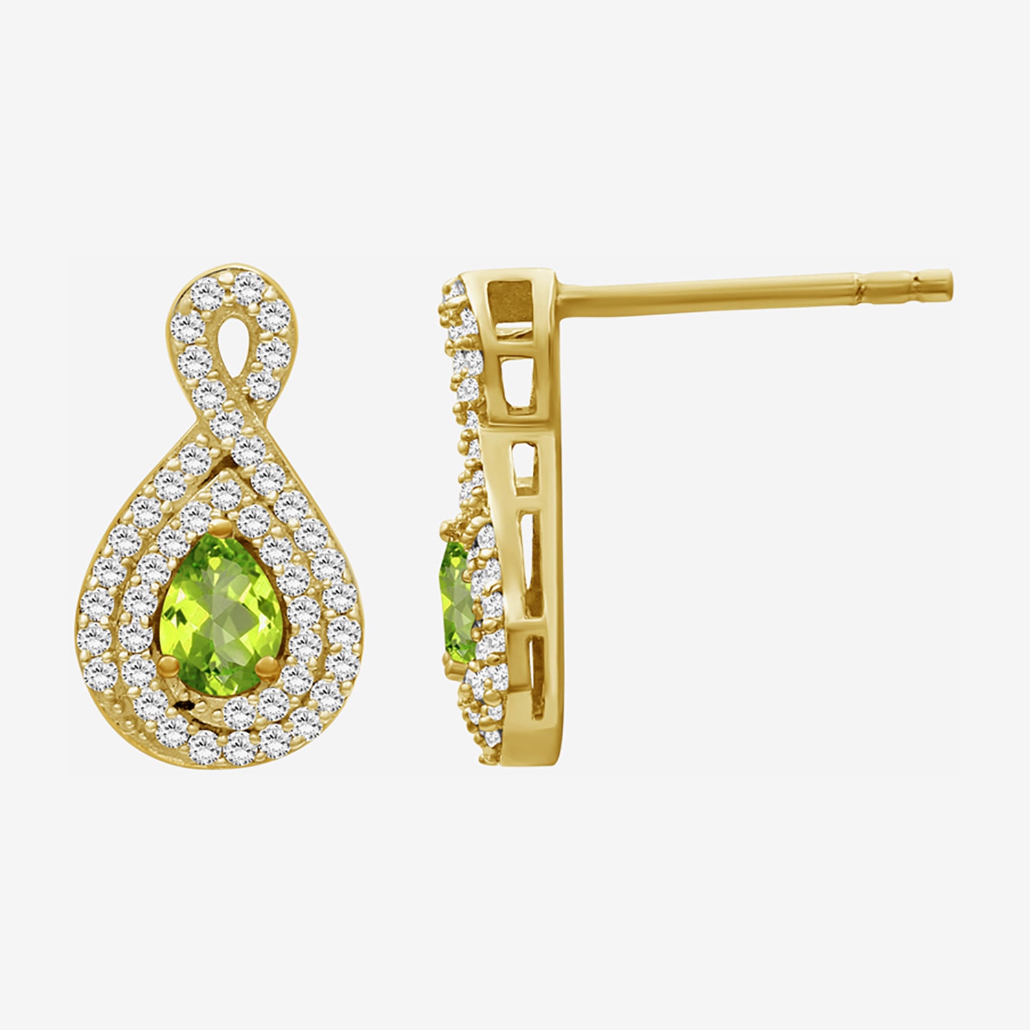 (I-J / I2-I3) 1/4 CT. T.W. Genuine Green Peridot 10K Gold 14mm Pear Stud Earrings