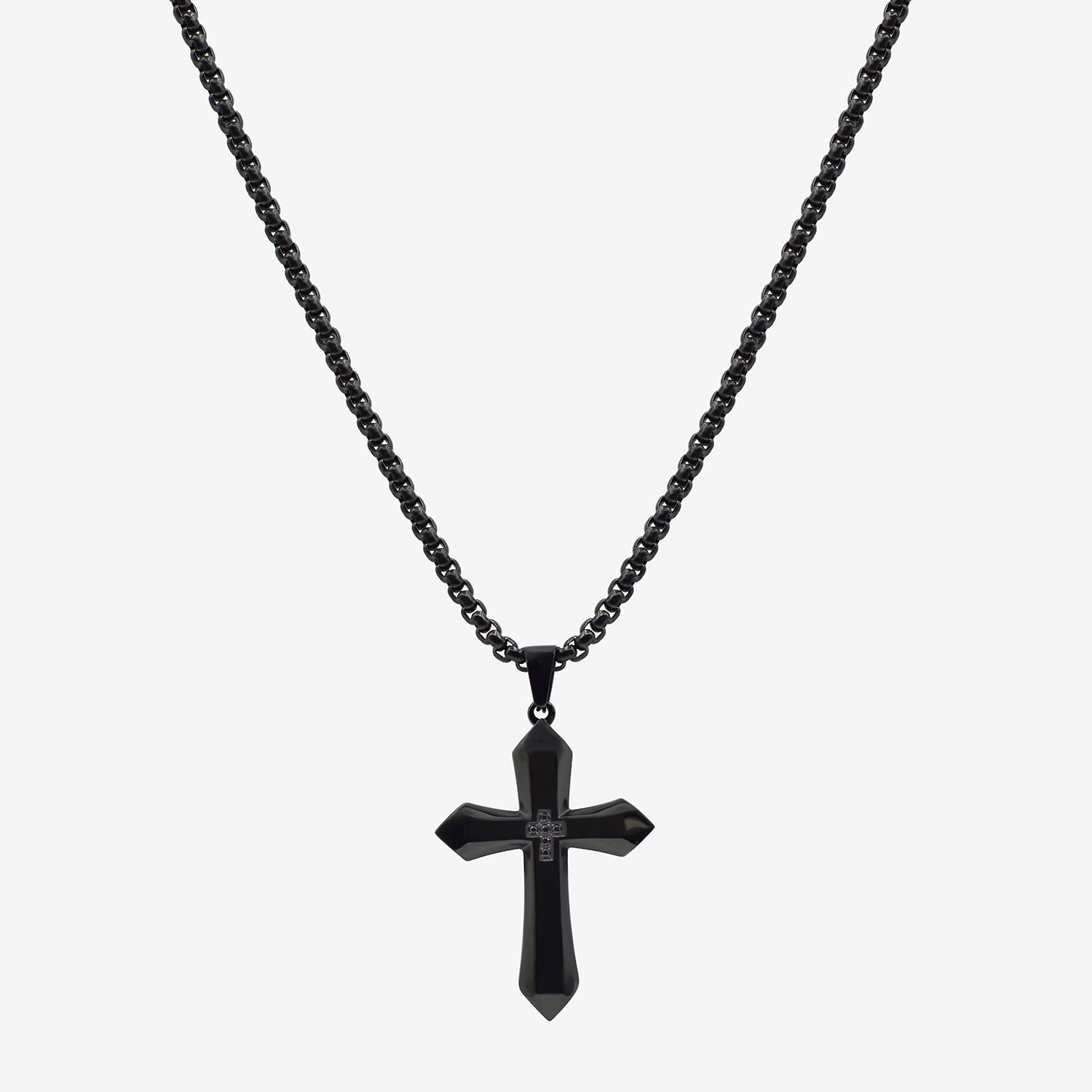 Cross Mens Black Cubic Zirconia Stainless Steel Cross 24 Inch Pendant Necklace