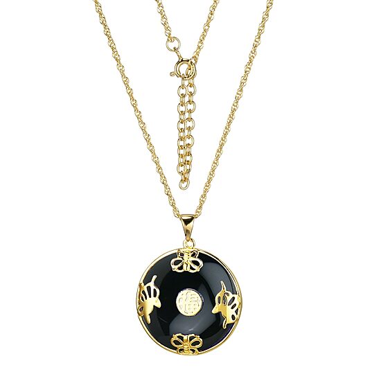 Womens Genuine Black Agate 18K Gold Over Silver 18 Inch Pendant Necklace