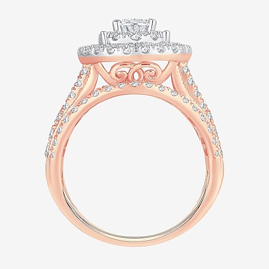 (H-I / SI1-SI2) Signature By Modern Bride Womens 2 CT. T.W. Lab Grown White Diamond 10K Gold Pear Side Stone Halo Engagement Ring