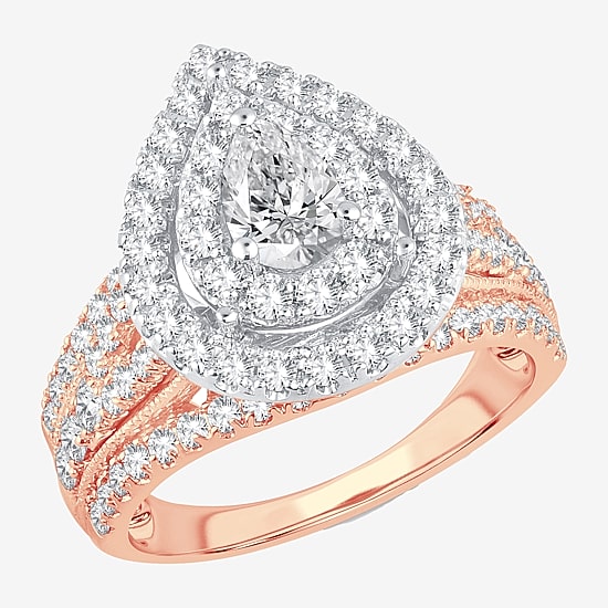 (H-I / SI1-SI2) Signature By Modern Bride Womens 2 CT. T.W. Lab Grown White Diamond 10K Gold Pear Side Stone Halo Engagement Ring