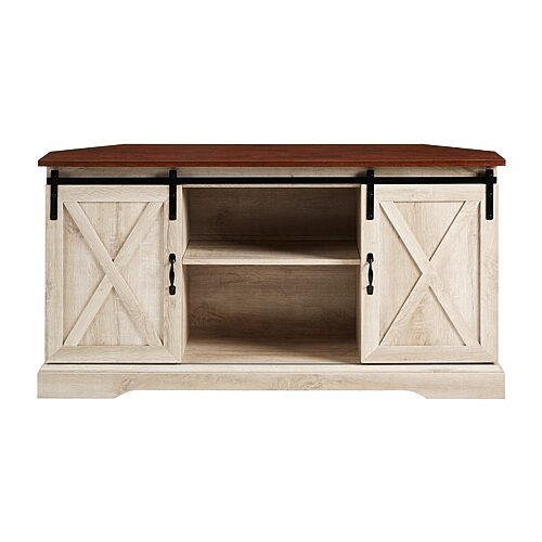 Walker Edison W52SBDCRTBWO 28 x 15.5 x 52 in. Sliding Barn Door Corner Console, Traditional Brown & White Oak