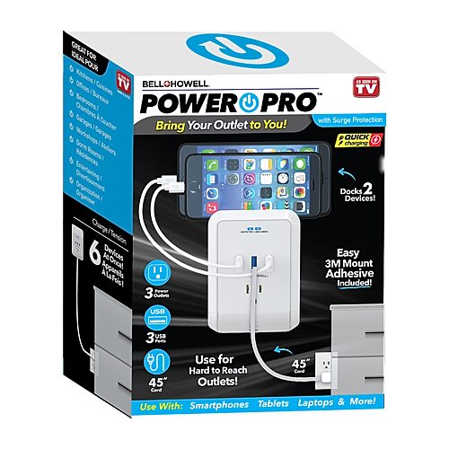 Bell + Howell Wall Power Pro Quick Charging Station with 45'' Built in Cord - 3 Outlets, 3 USB Ports, and 2 Docking Stations, One Size, White