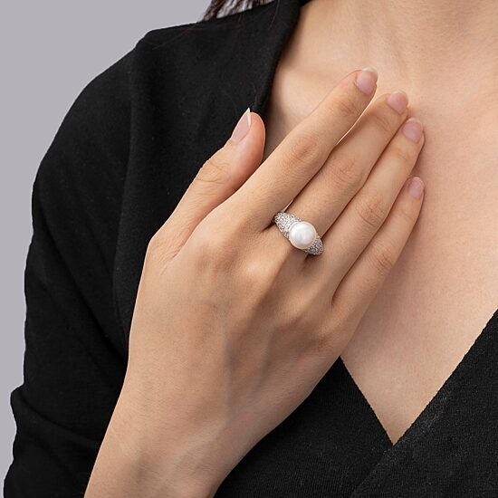 DiamonArt® Cultured Freshwater Pearl and Cubic Zirconia Sterling Silver Ring