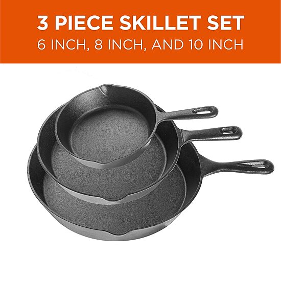 Commercial Chef Cast Iron 3-Piece Skillet