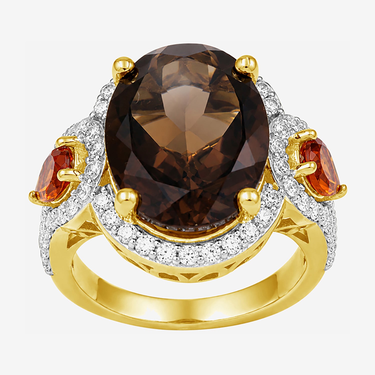 Womens Genuine Brown 14K Gold Over Silver Oval Halo Side Stone Cocktail Ring