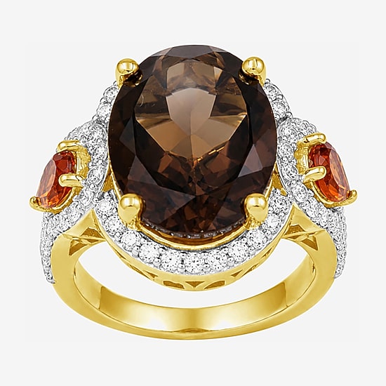 Womens Genuine Brown 14K Gold Over Silver Oval Halo Side Stone Cocktail Ring