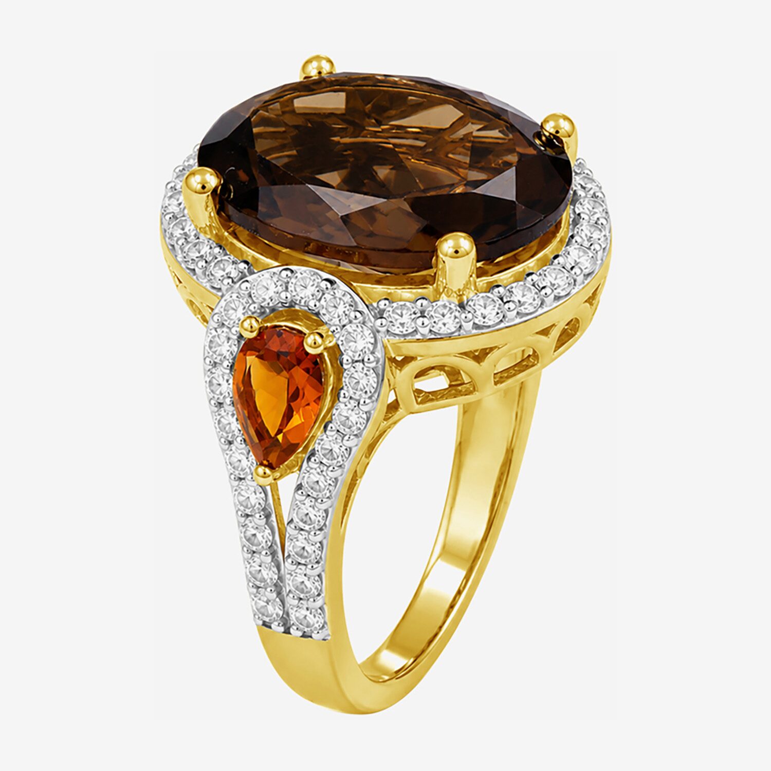 Womens Genuine Brown 14K Gold Over Silver Oval Halo Side Stone Cocktail Ring
