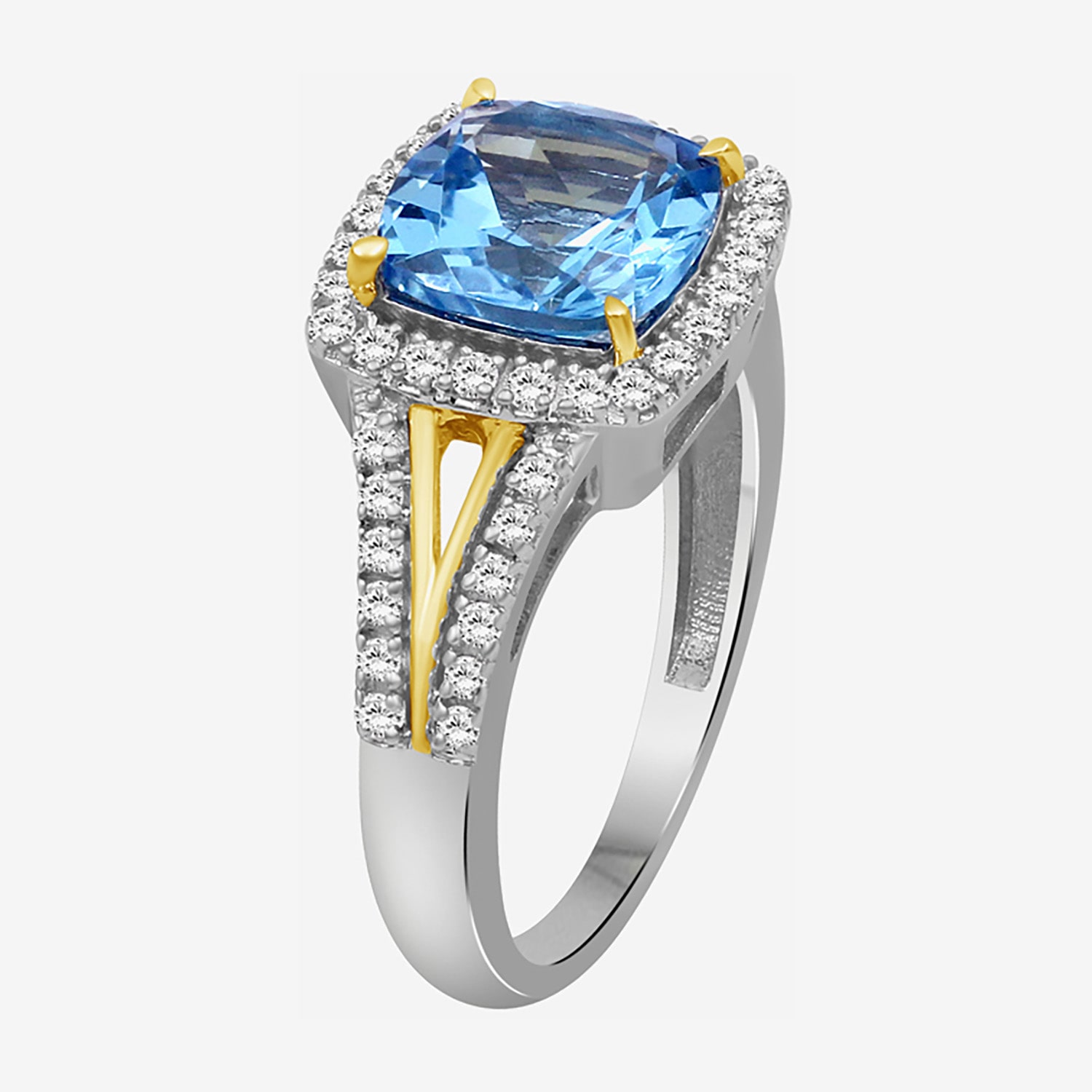 Womens Genuine Blue Topaz 10K Gold Cushion Halo Side Stone Cocktail Ring