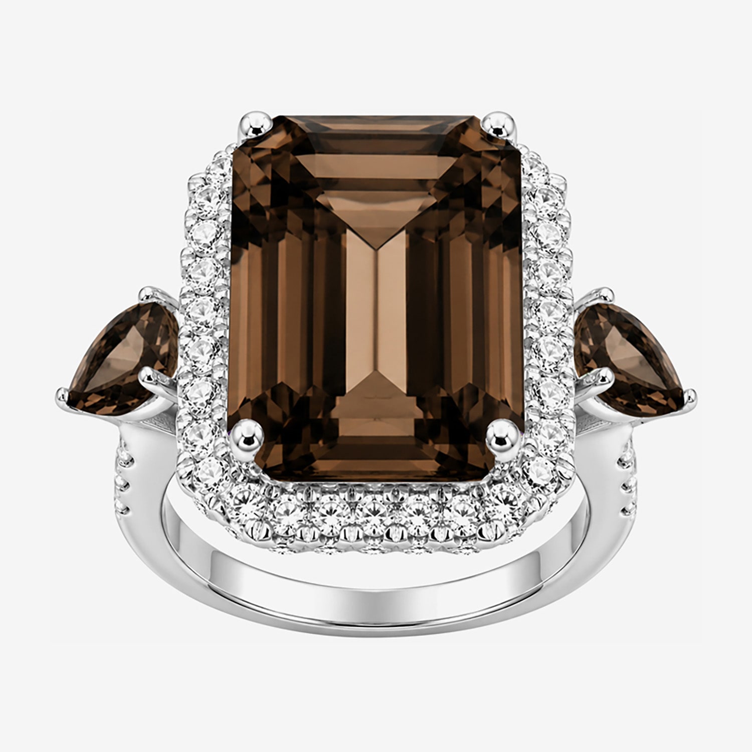 Womens Genuine Brown Quartz Sterling Silver Halo Side Stone Cocktail Ring