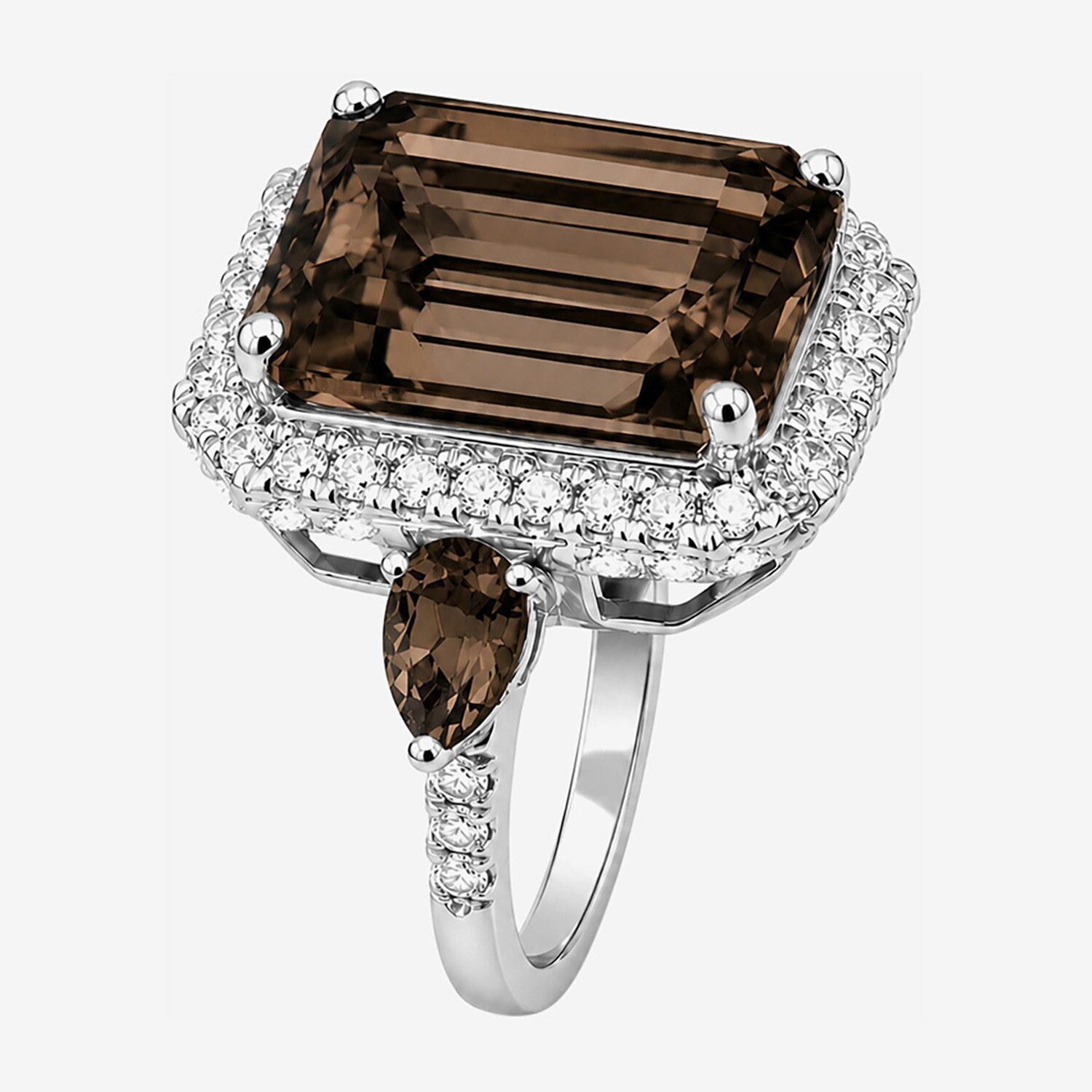 Womens Genuine Brown Quartz Sterling Silver Halo Side Stone Cocktail Ring